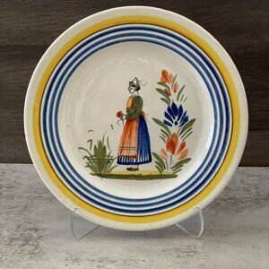 Vintage Quimper French Country Women with Red Apron 8.25" Salad Plate France